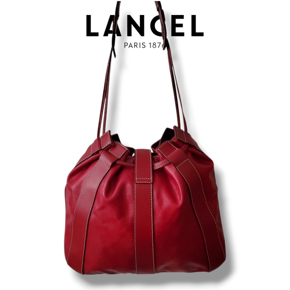 Lancel Paris Deep Red Leather Drawstring Bucket Bag Shoulder Purse Elsa Sellier - Picture 3 of 14